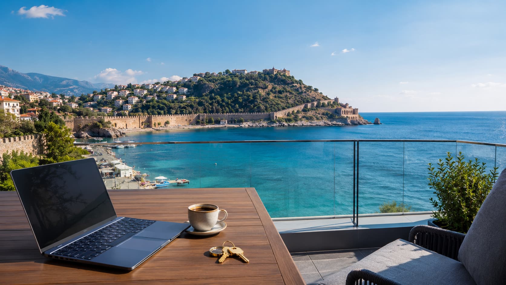 Moderner Luxus-Apartment-Balkon in Alanya mit Blick auf das Mittelmeer und die Burg von Alanya, mit einem Laptop, Hausschlüsseln und Kaffee auf einem Holztisch.