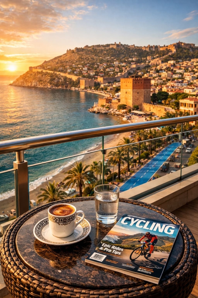 Alanya’da, sahil bisiklet yoluna bakan lüks bir dairenin deniz manzaralı balkonu.