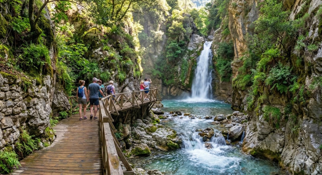 Taurus Dağları’ndaki Sapadere Kanyonu’nda yürüyüş parkuru ve şelale
