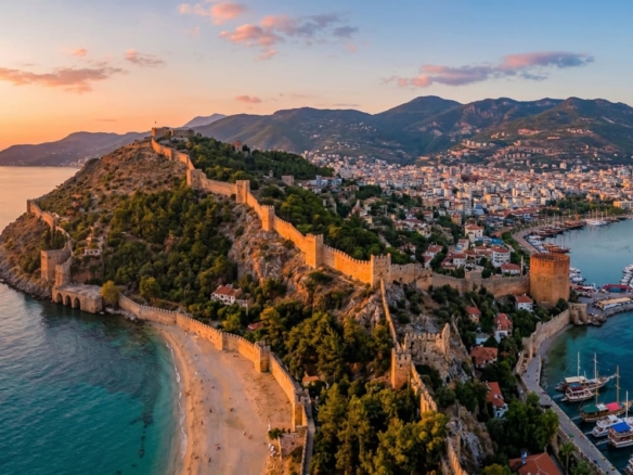 Gün batımında Alanya Kalesi ve limanı: Akdeniz turizminin simgeleri.