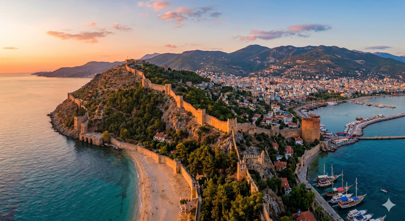 Alanya Castle and harbor at sunset, icons of Mediterranean tourism.