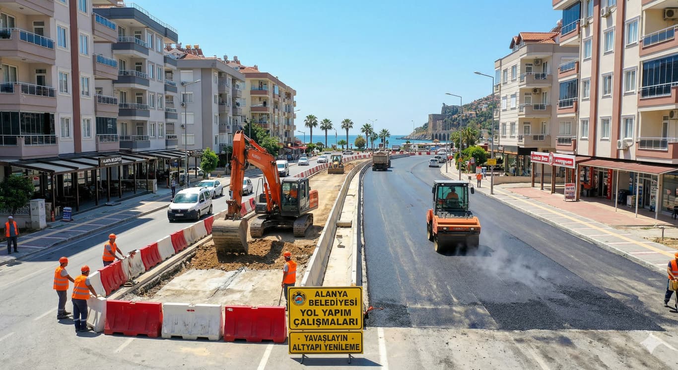 Ongoing roadworks in Alanya city center and Mahmutlar