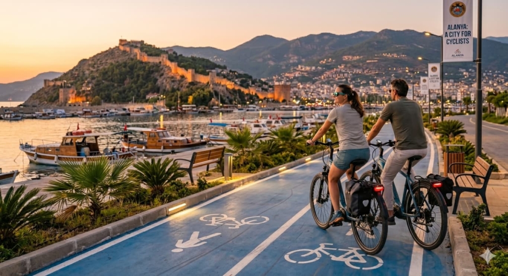 Alanya’da palmiye ağaçları ve lüks dairelerin bulunduğu modern ve güvenli bisiklet yolları.