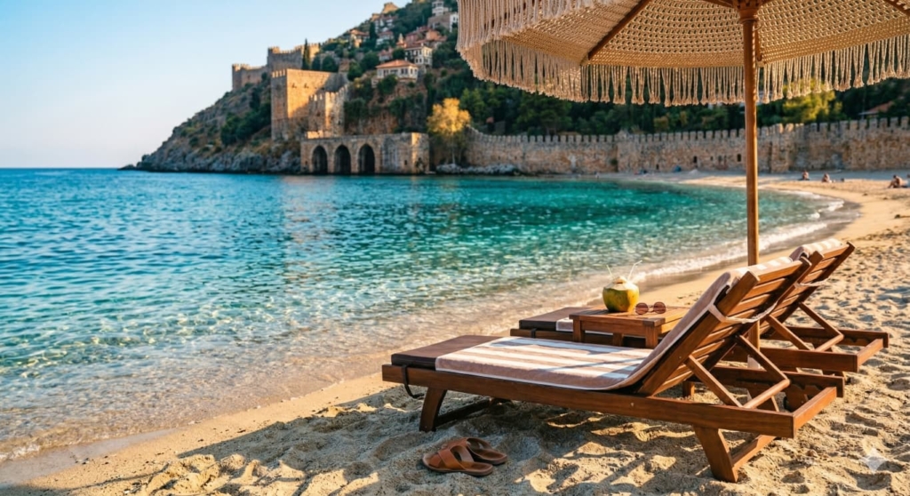 Alanya’daki Kleopatra Plajı’nın el değmemiş kumsalları ve turkuaz suları.