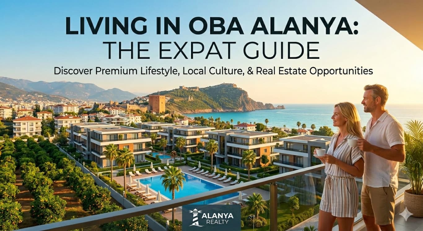 Happy expat couple looking at premium real estate and Alanya Castle at sunset
