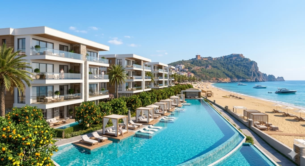 Lågbyggt lyxigt bostadsområde med stor pool och palmer i Oba Alanya