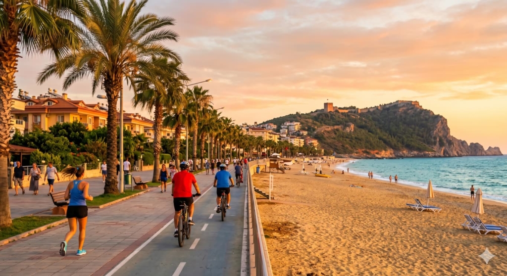Människor går och cyklar på den vackra palmkantade strandpromenaden i Oba Alanya