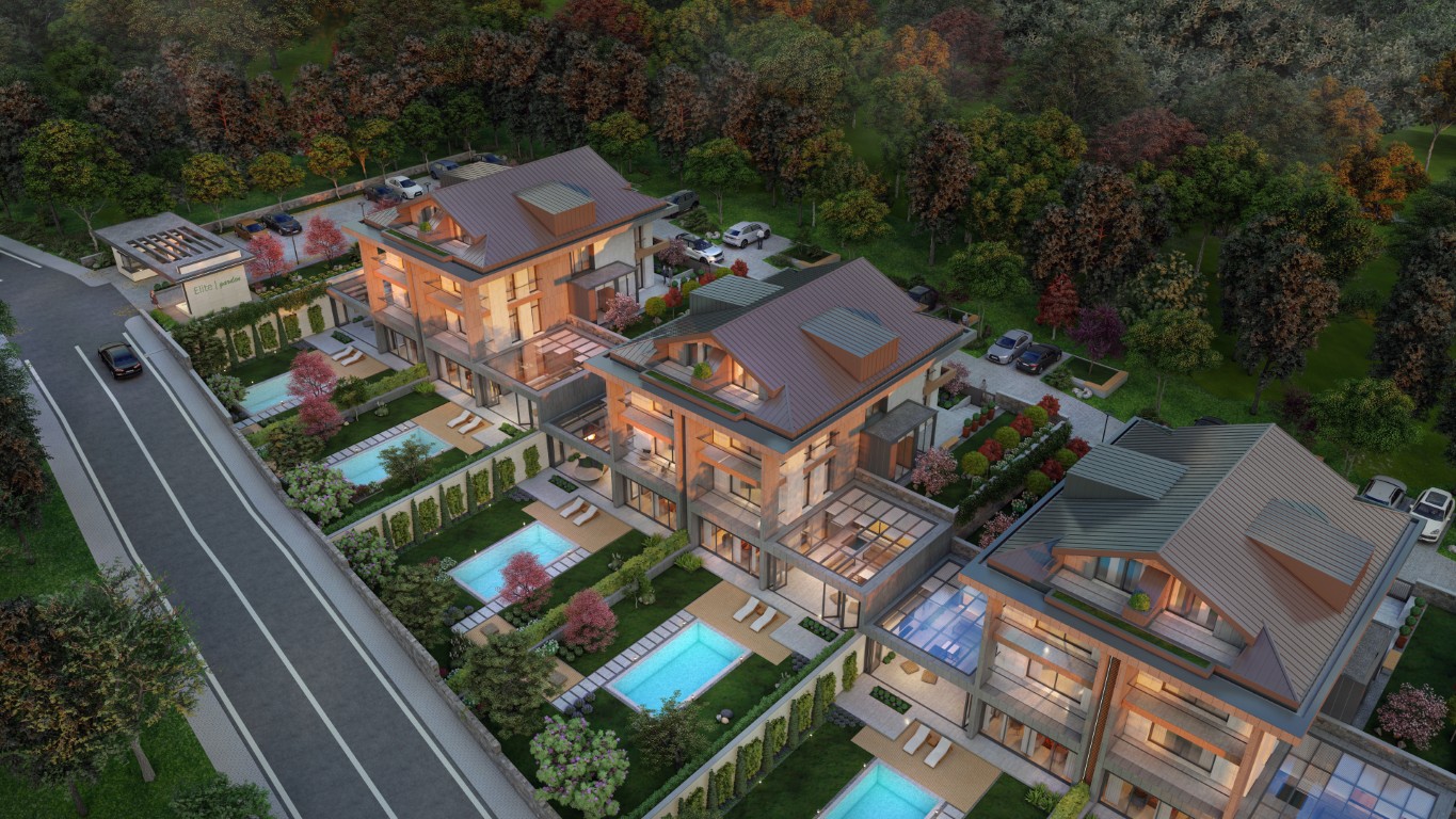 Flygfoto över tre extremt lyxiga villor med privata pooler i CG Elite Garden i Ömerli, Istanbul.