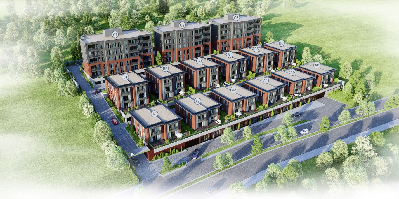 The completed LIV Bahçeşehir project in Istanbul, offering a luxury lifestyle intertwined with nature, featuring low-rise apartments and private villas in a boutique community.