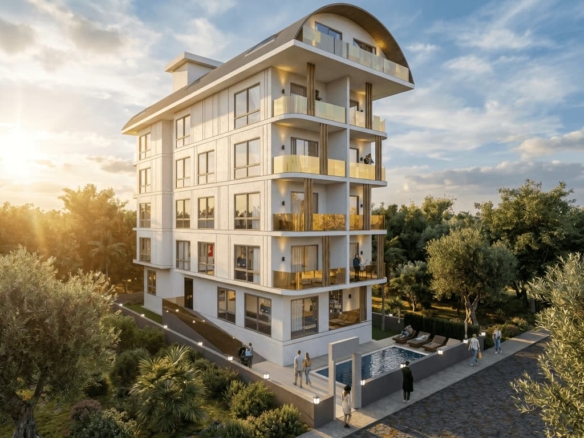 Modern four-storey residential building exterior with balconies, curved roof detail, outdoor swimming pool, and sun loungers surrounded by trees