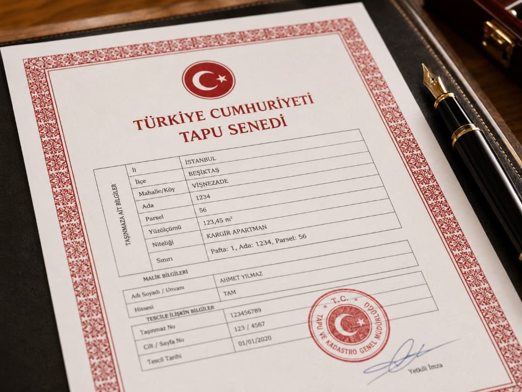 Close-up shot of an official Turkish Title Deed (Tapu Senedi) with red seal.