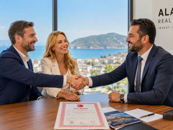A happy foreign couple receiving their Turkish Title Deed (Tapu) from a real estate agent in Alanya.