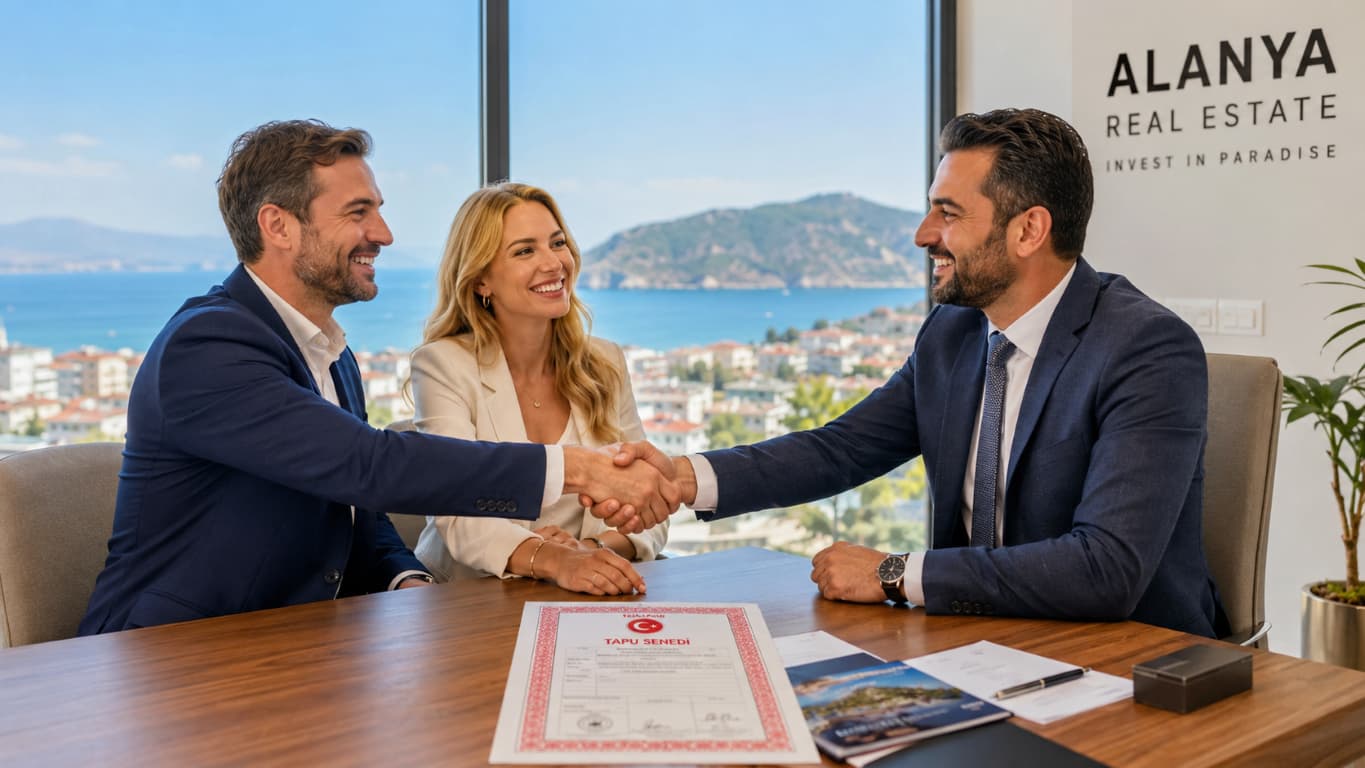A happy foreign couple receiving their Turkish Title Deed (Tapu) from a real estate agent in Alanya.