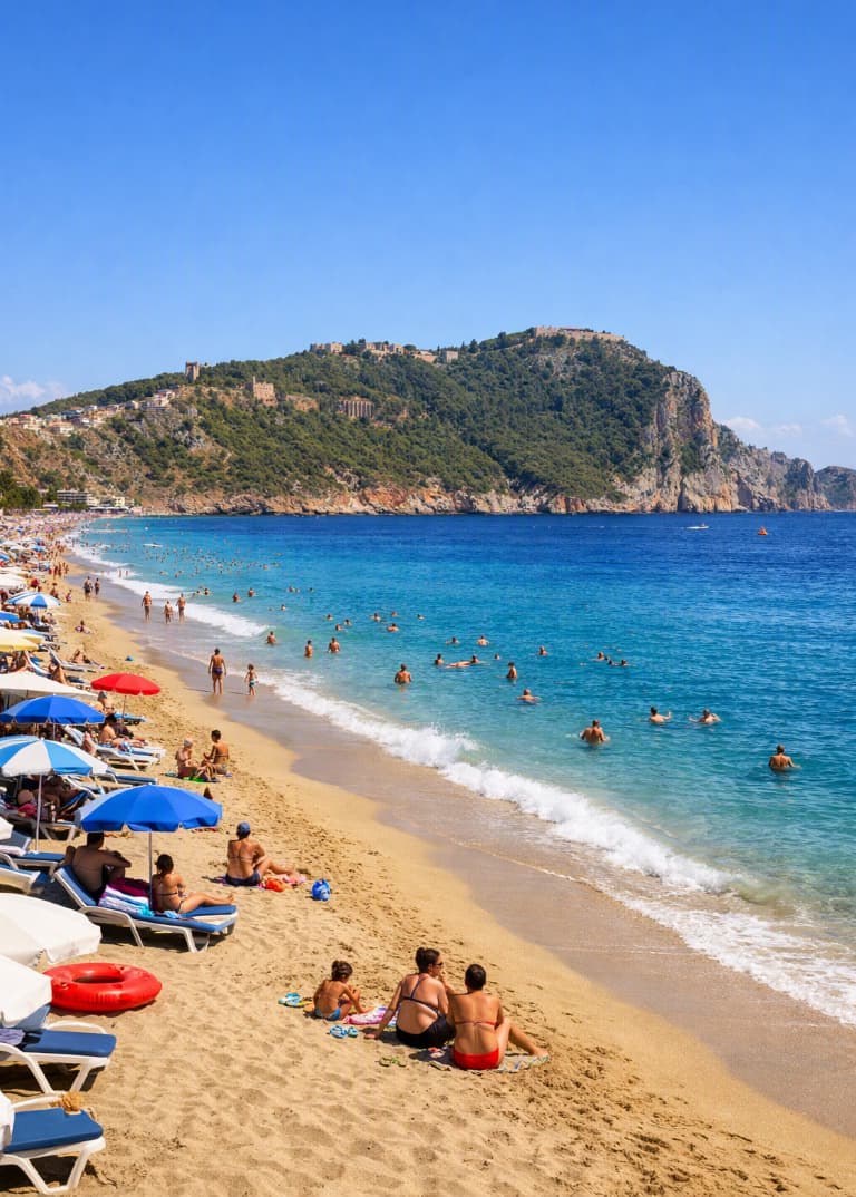 Weitblick auf den Kleopatra-Strand und die Burg von Alanya an einem sonnigen Tag.