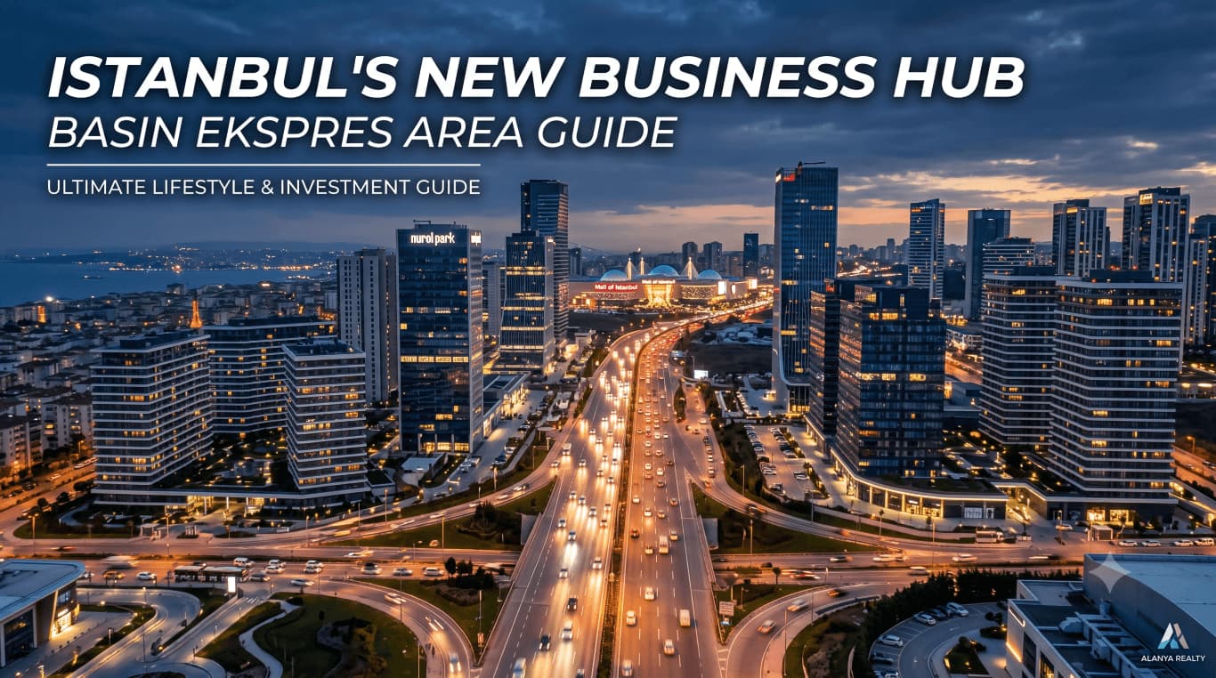 Basın Ekspres Istanbul real estate guide showing modern apartments, commercial buildings, and the strategic transportation network at night.