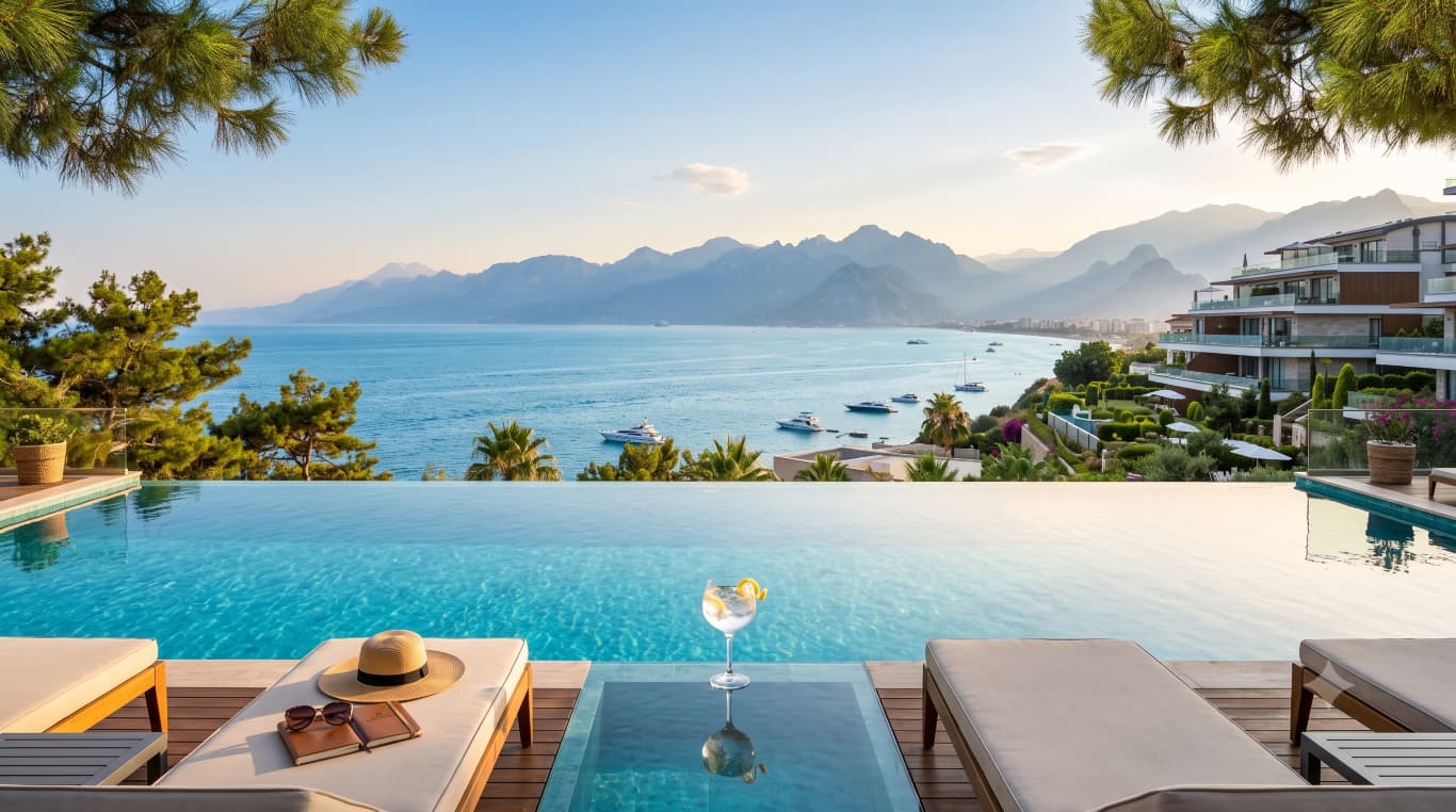 Der ultimative Reiseführer für die Region Avsallar mit einem luxuriösen Immobilienkomplex mit Infinity-Pool und Blick auf das Mittelmeer und das Taurusgebirge in Alanya.