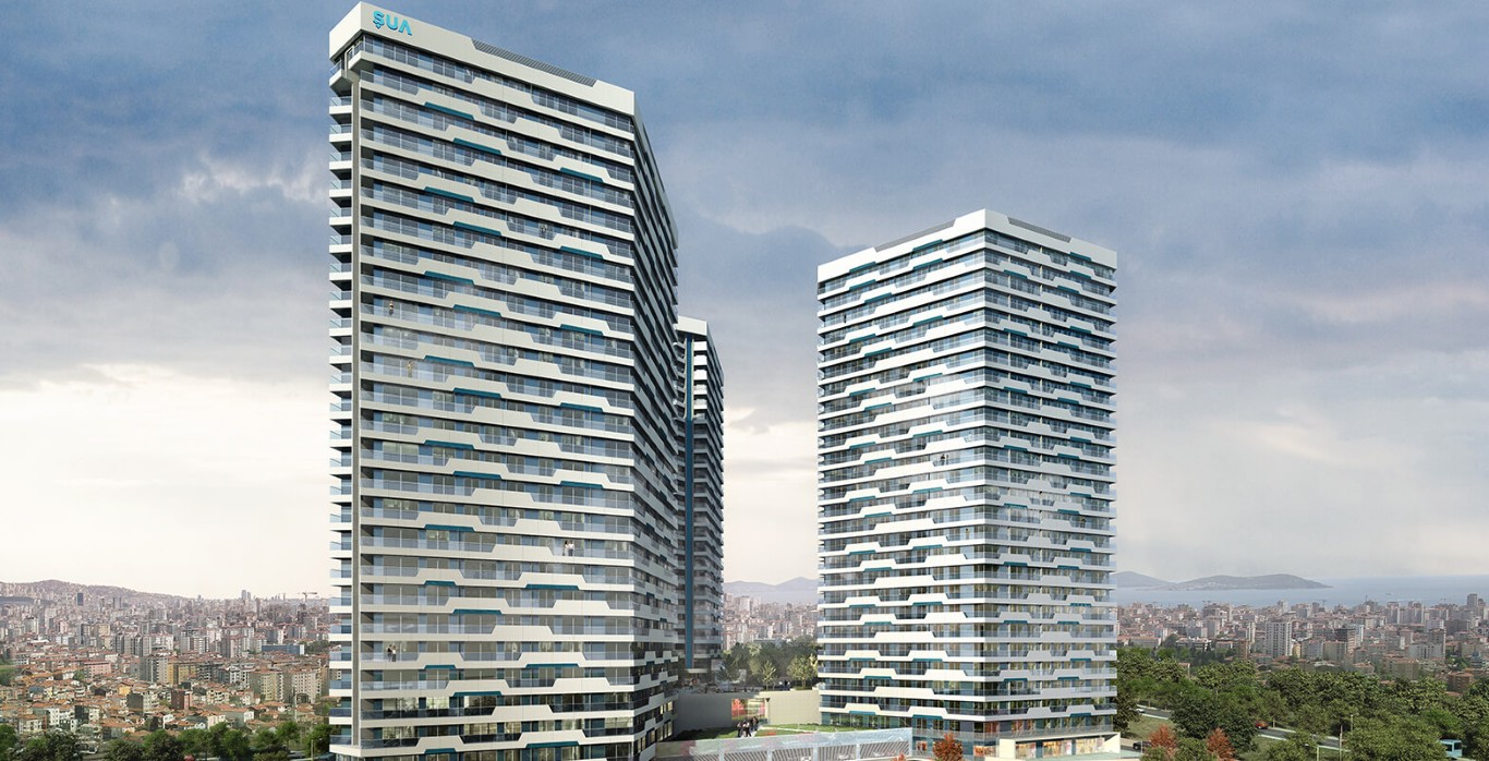 Exterior visualization of modern luxury residential towers located in Istanbul, referenced by file name IMG_2138 (Orta).jpg, showcasing contemporary architecture and city views.