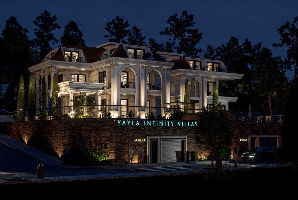 Luxury modern neoclassical villas illuminated at night with grand columns, private garages, landscaped gardens, premium exterior lighting, and elegant architectural design.