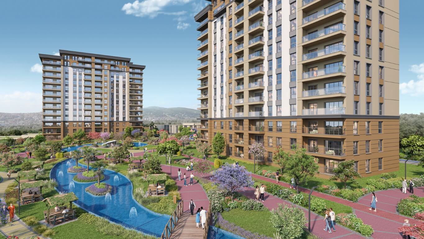 Modern luxury residential complex featuring high-rise apartments, lush landscaped gardens, winding water pools, and family recreational areas.