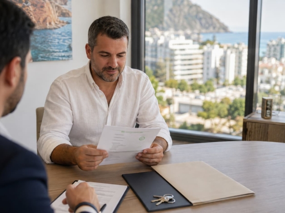 Must be written only after the final image is selected or generated. Suggested wording if accurately visible: “Buyer reviewing bank transfer documents and property keys at an Alanya real estate office.