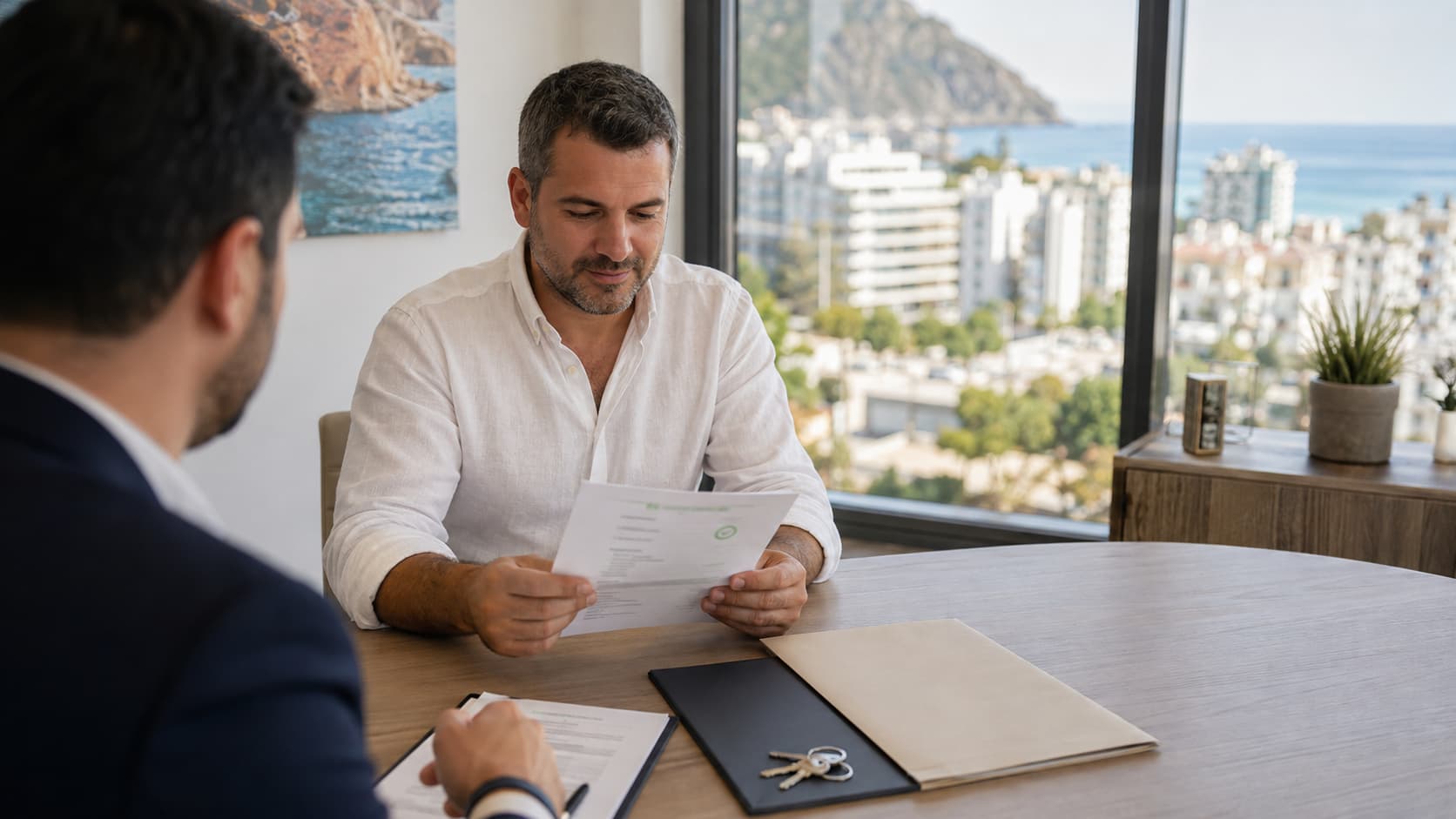 Must be written only after the final image is selected or generated. Suggested wording if accurately visible: “Buyer reviewing bank transfer documents and property keys at an Alanya real estate office.