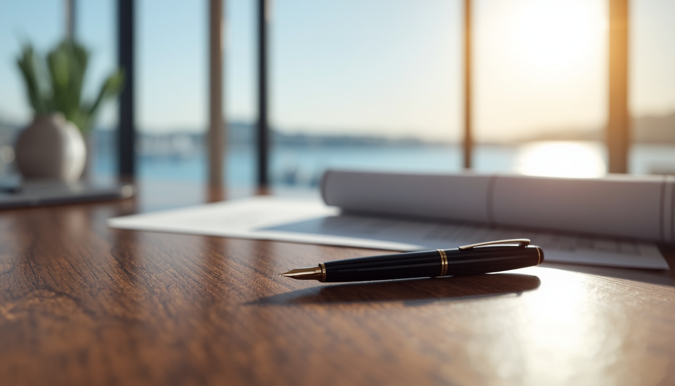 A black fountain pen and architectural blueprints on a luxury wooden desk with a sunny Alanya coastline in the background, representing a professional Alanya property buying guide.