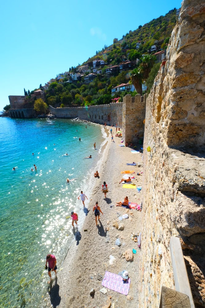The small beach below Alanya’s historic walls, with the shipyard beyond