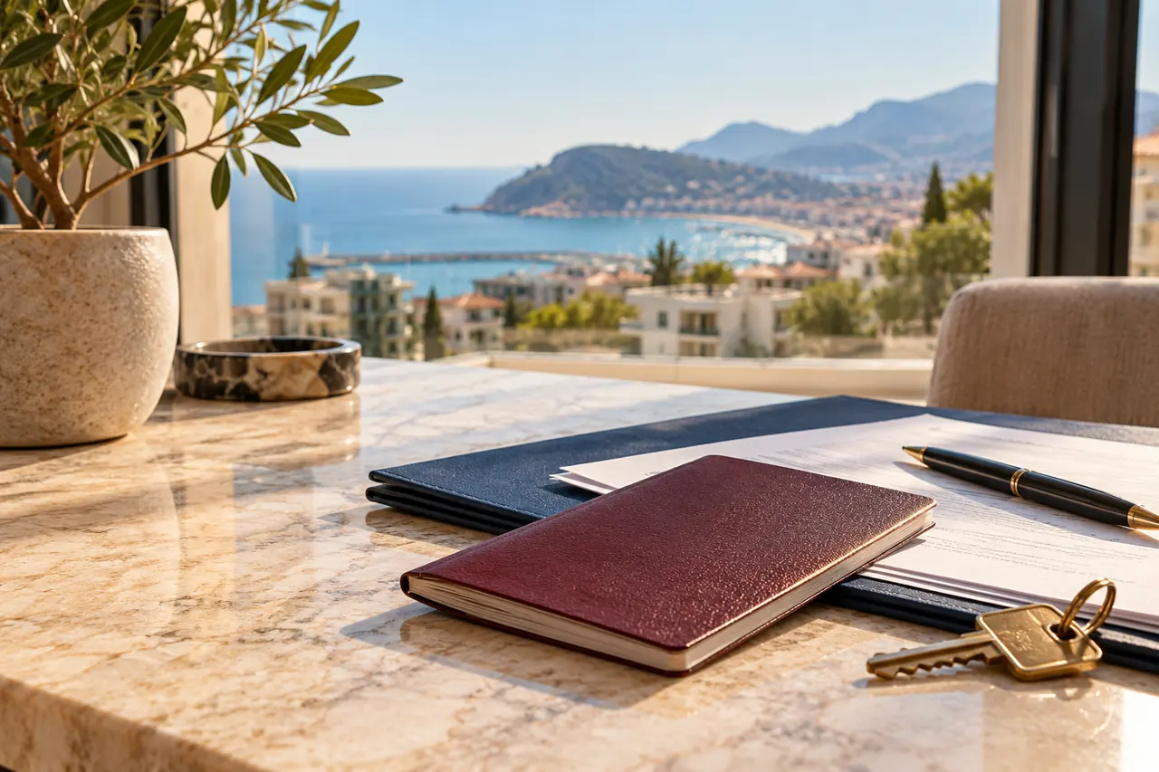 Conceptual editorial still life with a passport-like notebook, property papers and keys. Not an official Turkish document, real application or actual Alanya location.