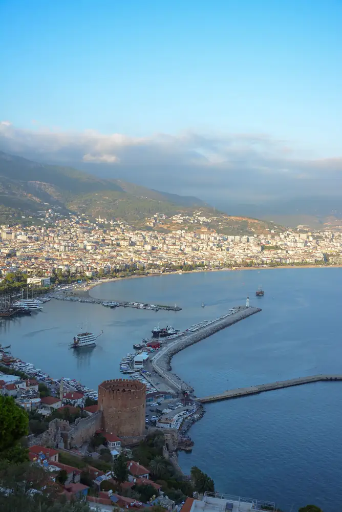 The Red Tower and Alanya harbour seen from the castle hillside