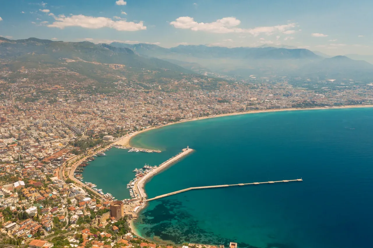 Aerial photograph of Alanya harbour and coastline